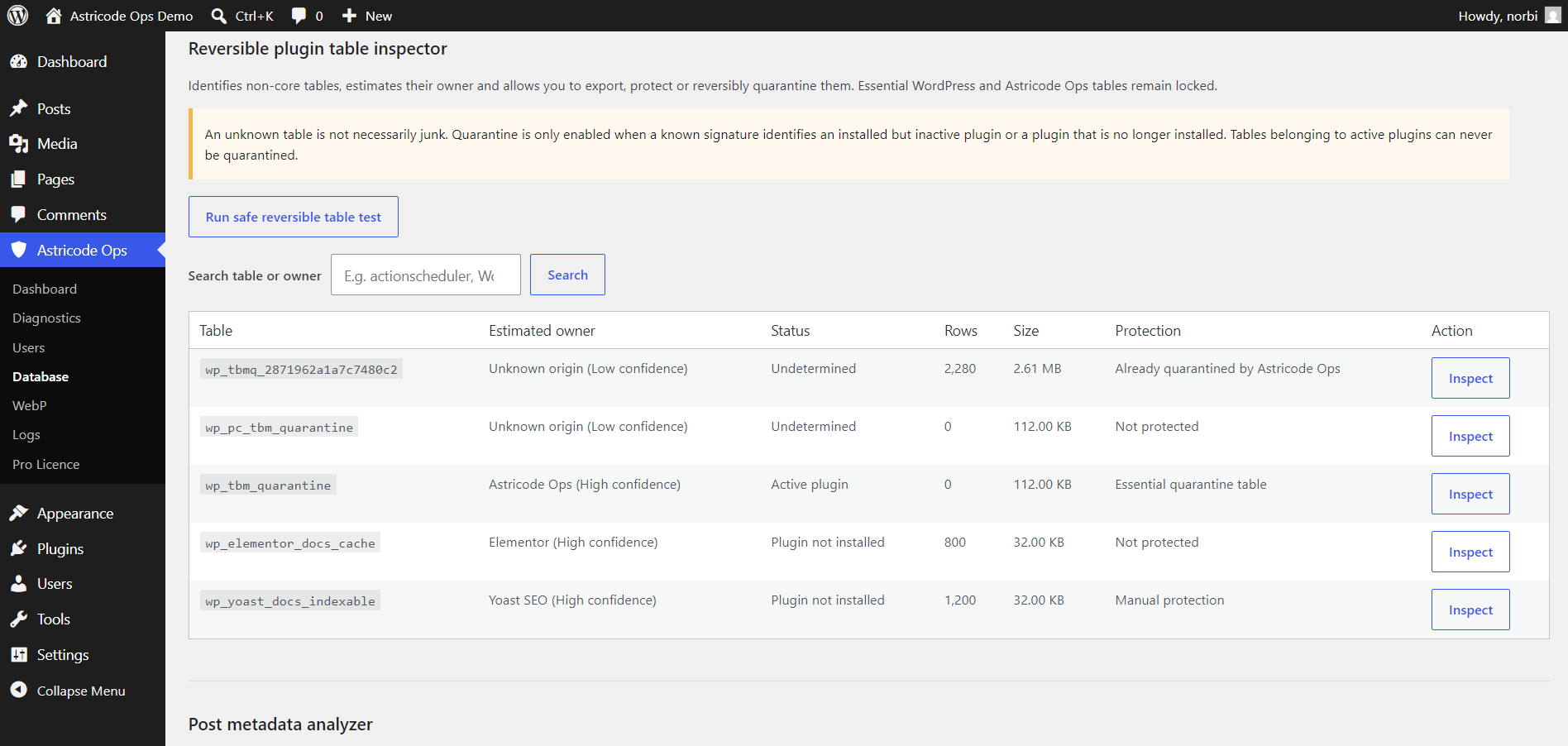 Astricode Ops Reversible plugin table inspector