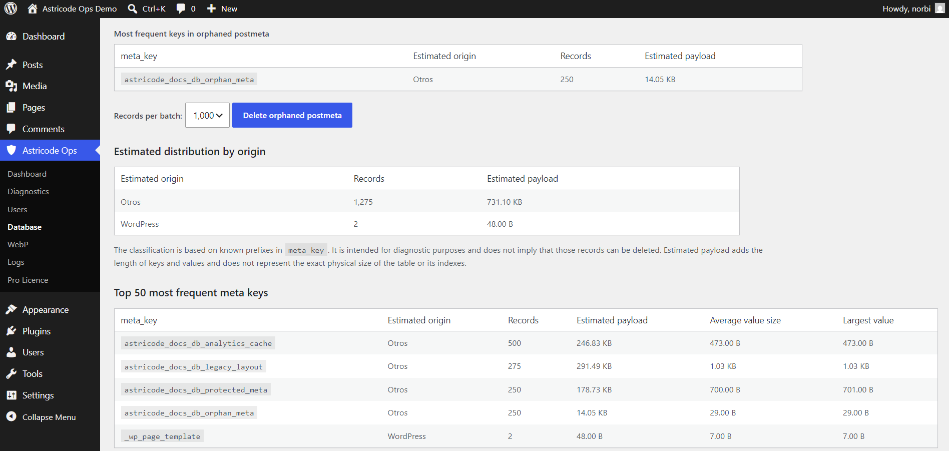 Astricode Ops Orphaned postmeta cleanup, key inspector