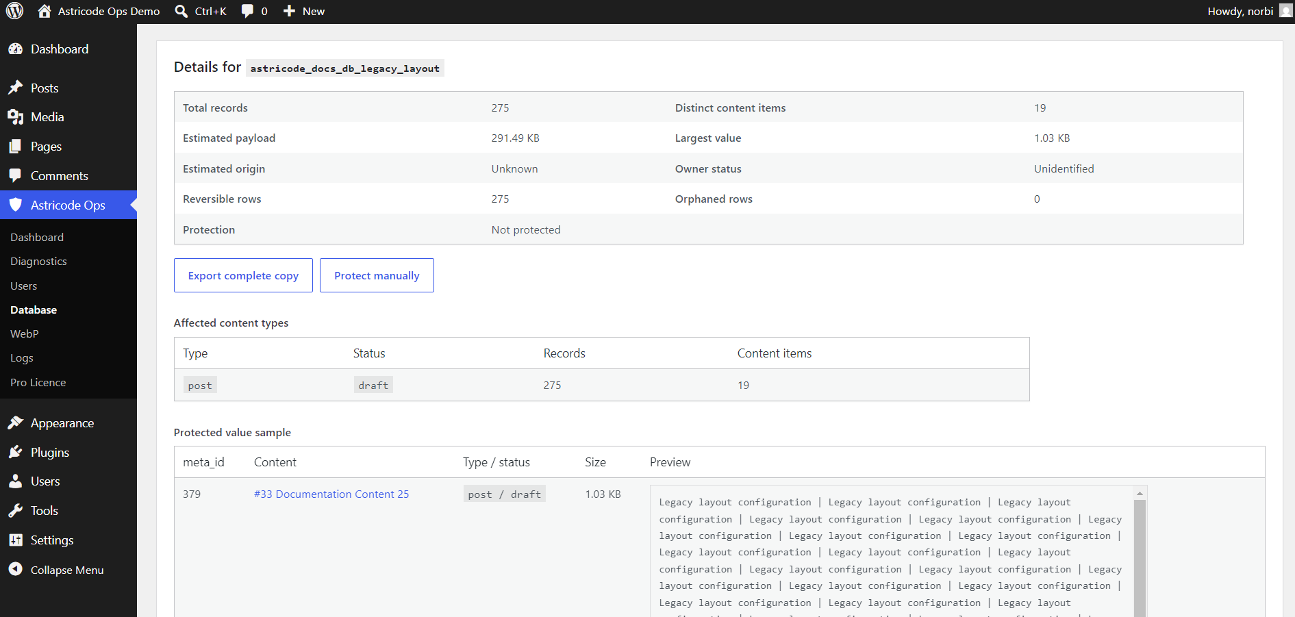 Astricode Ops wp_postmeta inspector, selected key details