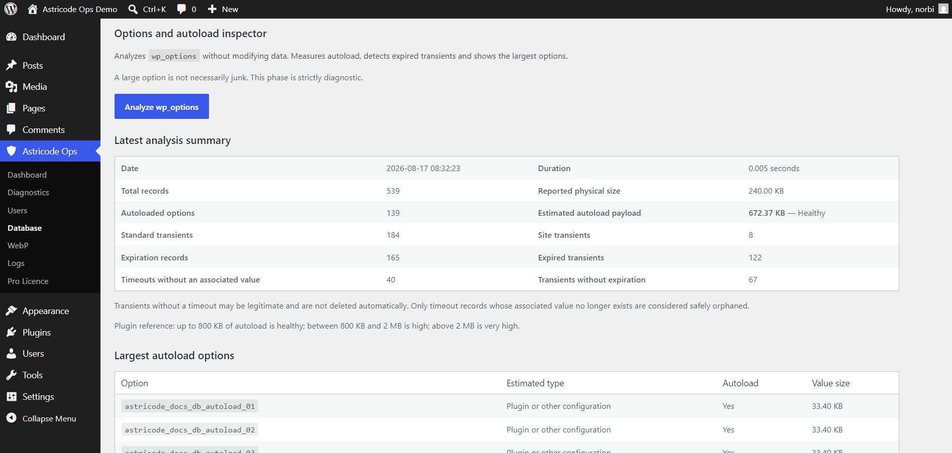 Astricode Ops Options and autoload inspector