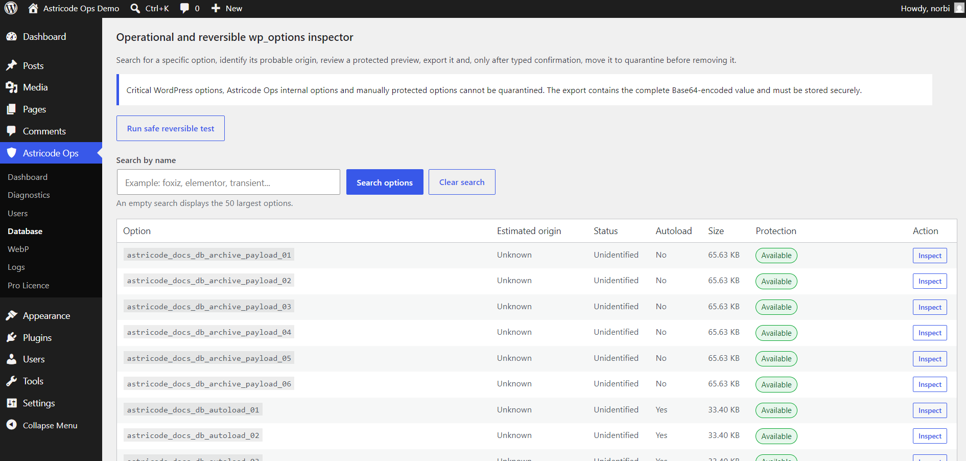 Astricode Ops Operational and reversible wp_options inspector, overview
