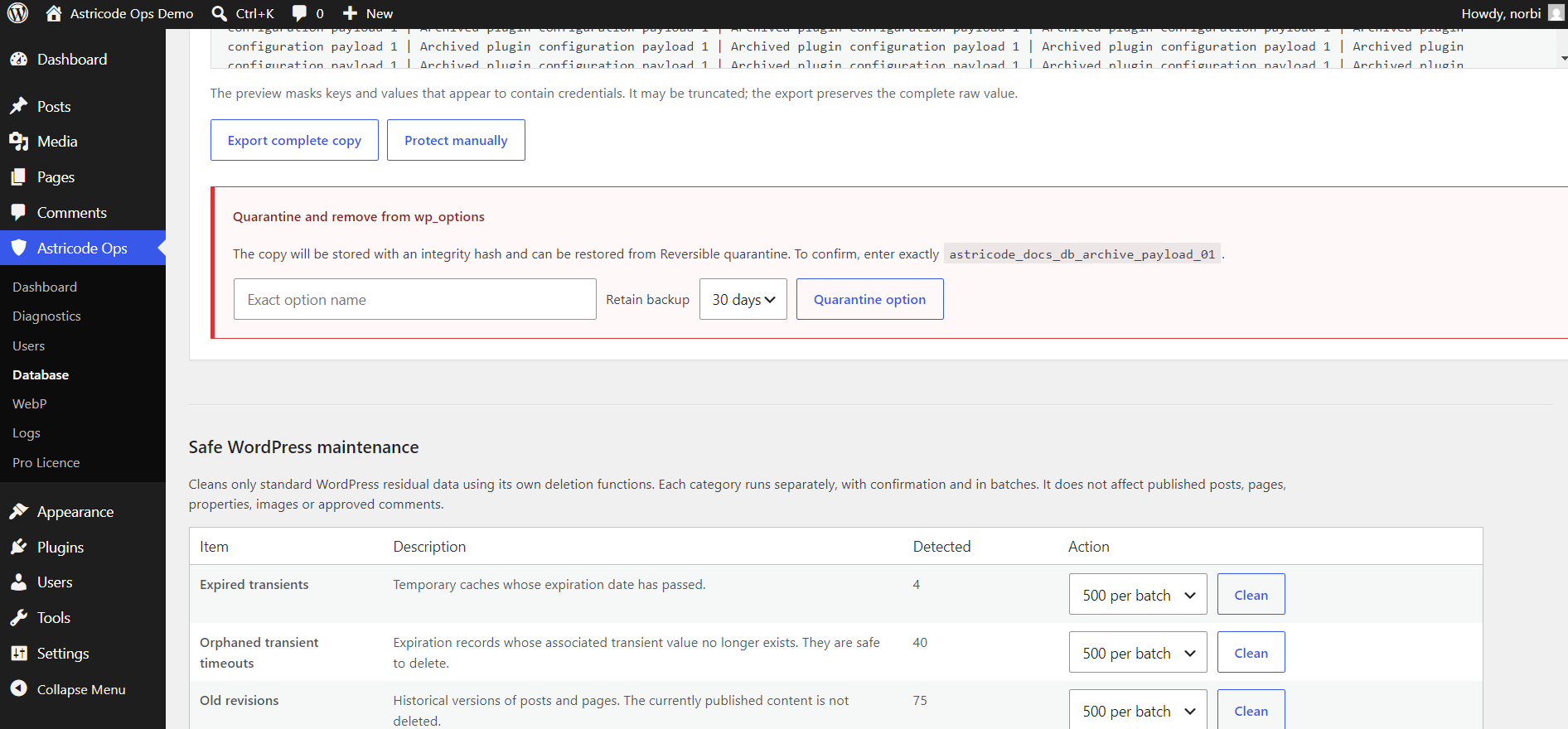 Astricode Ops wp_options reversible quarantine controls
