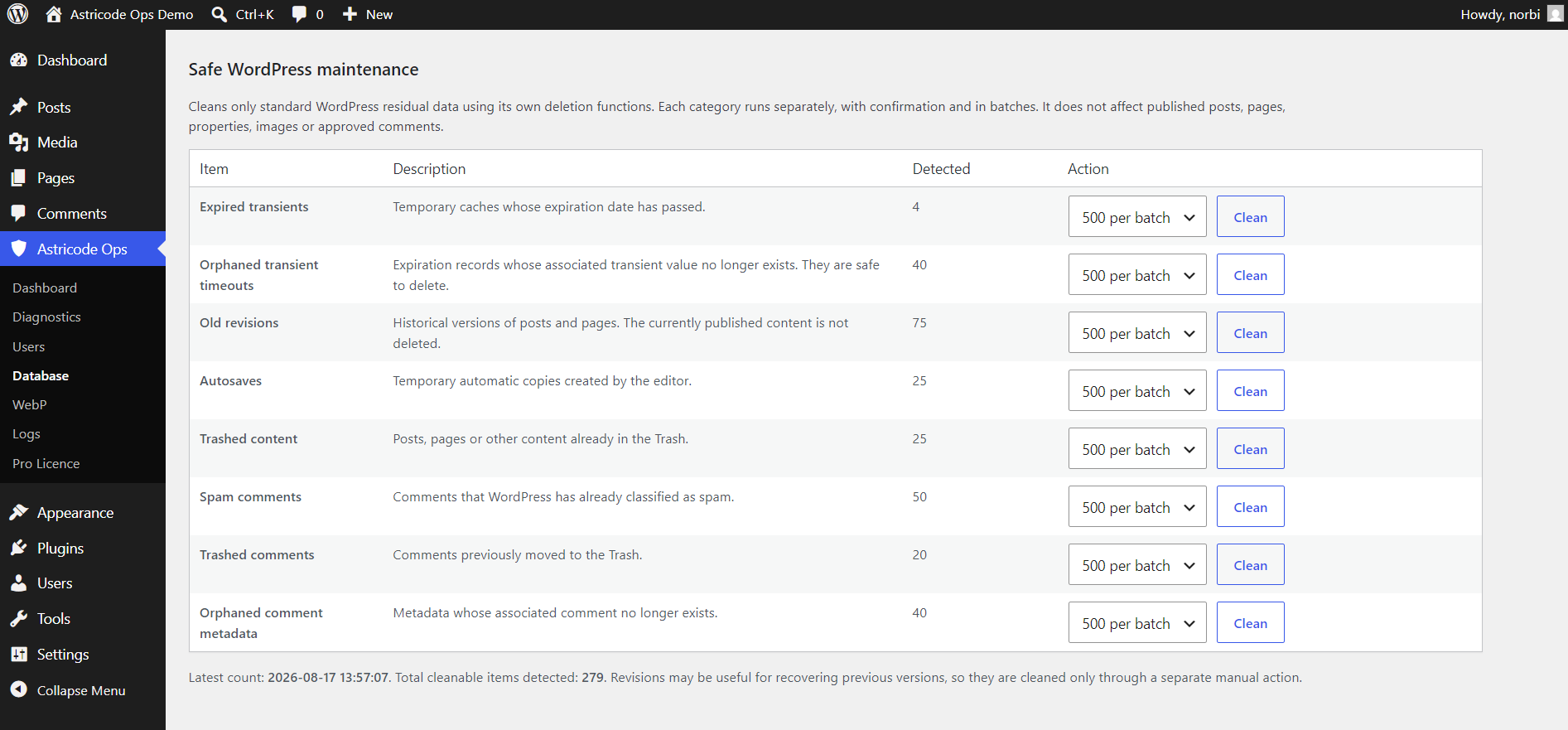 Astricode Ops Safe WordPress maintenance (before cleanup)