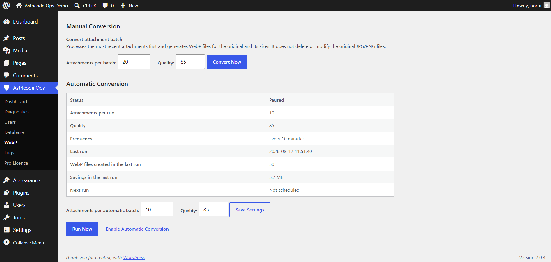 Astricode Ops Manual and Automatic WebP Conversion