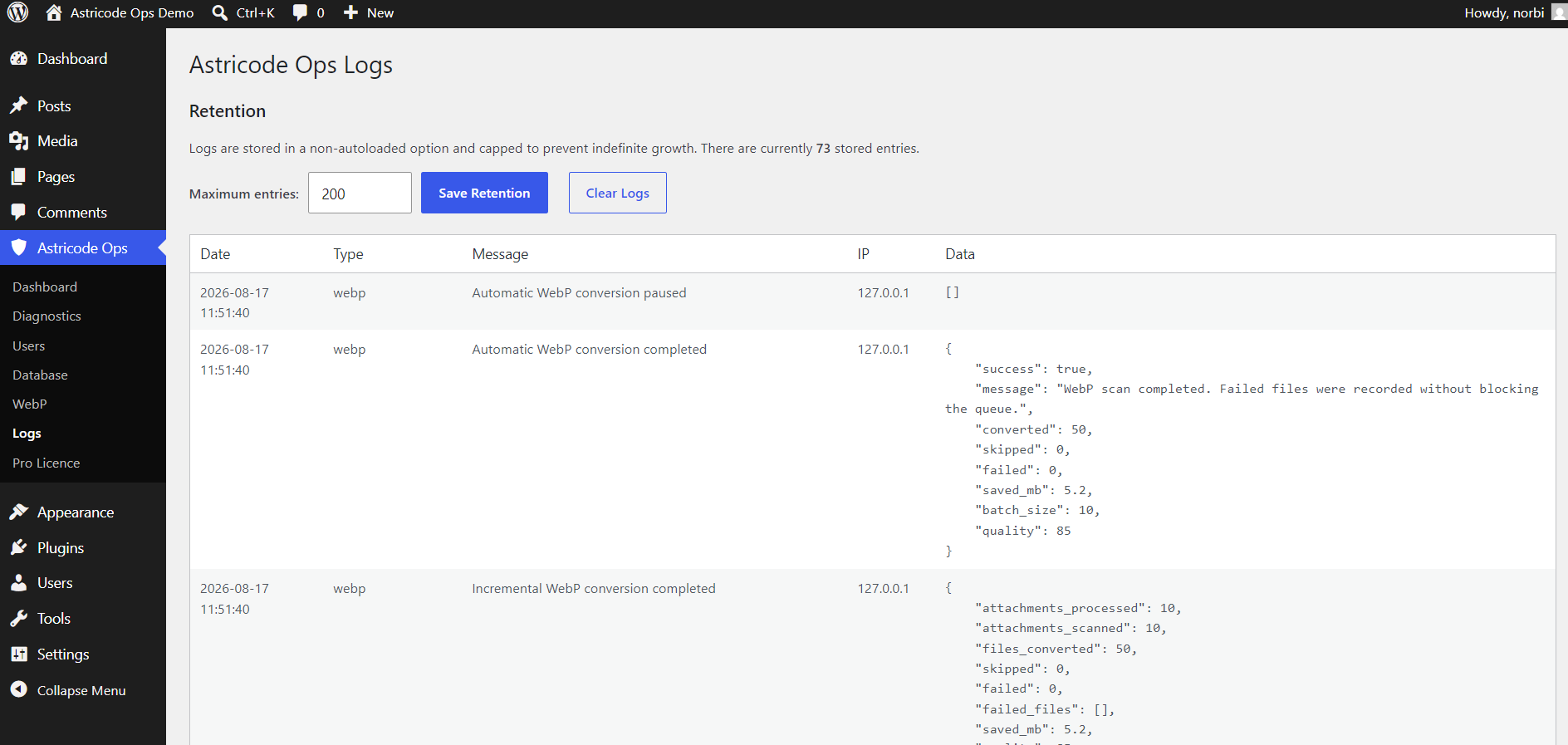 Astricode Ops Logs overview, WebP activity