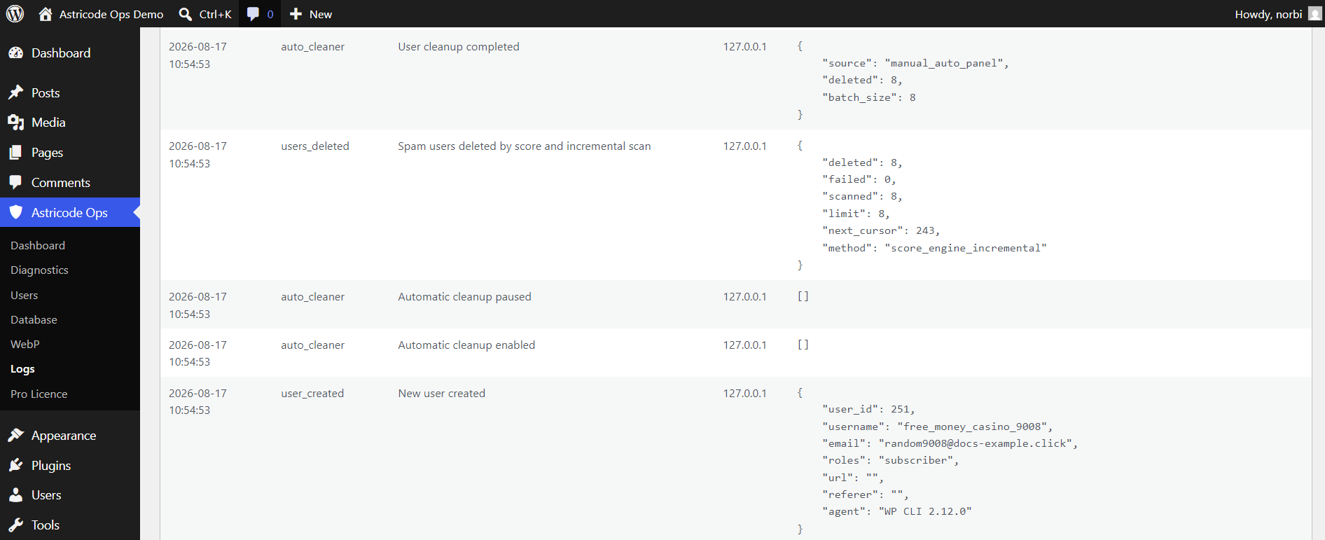 Astricode Ops Logs, User Monitoring and Automatic Cleanup
