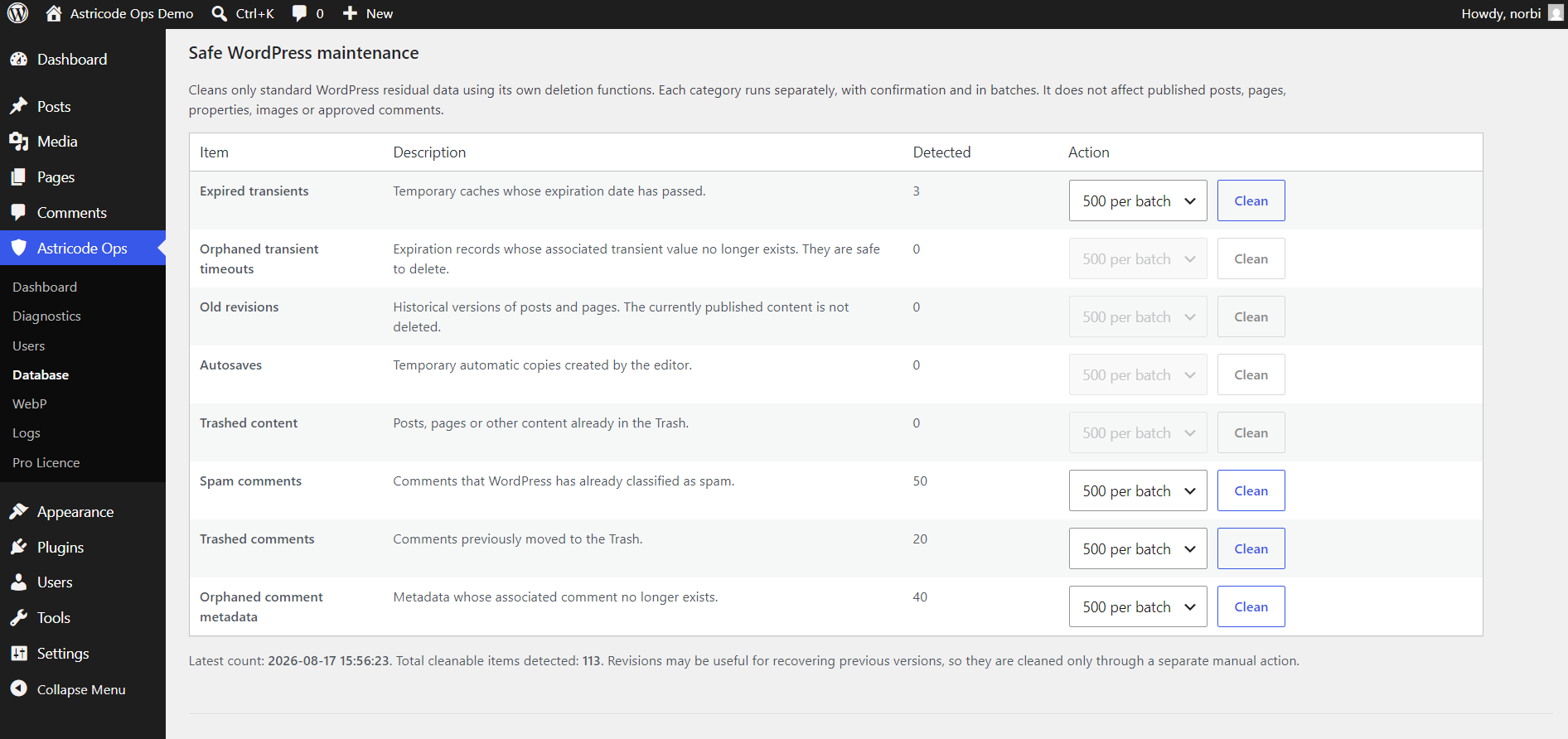 Astricode Ops database-after-trashed-content-cleanup