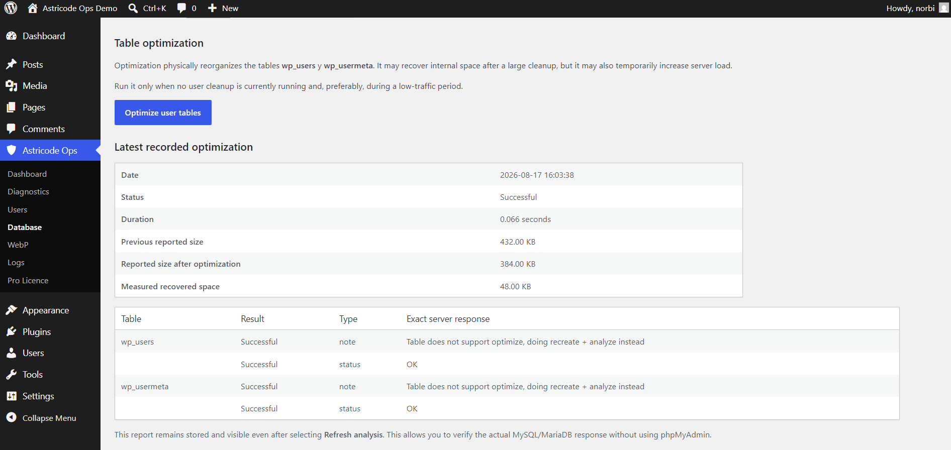 Astricode Ops database-after-user-table-optimization